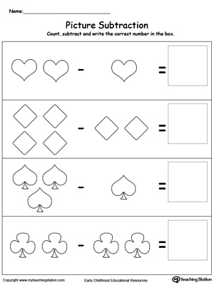 Subtraction worksheet using shapes in this math worksheet. Browse other free subtraction worksheets.
