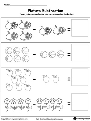Learn subtraction using pictures in this math printable worksheet. Browse other free subtraction worksheets.