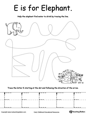 Say the name of the picture (Elephant), then trace the lines and the letter E in this pre-writing printable worksheet.