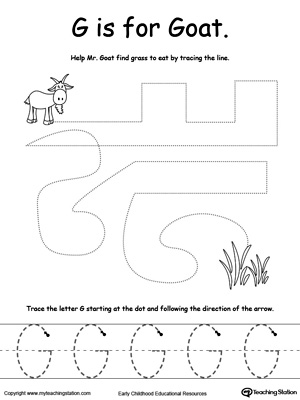 Say the name of the picture (Goat), then trace the lines and the letter G in this pre-writing printable worksheet.