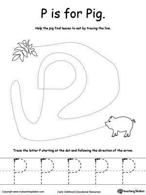 Say the name of the picture (Pig), then trace the lines and the letter P in this pre-writing printable worksheet.