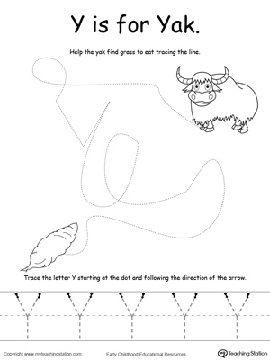 Say the name of the picture (Yak), then trace the lines and the letter Y in this pre-writing printable worksheet.