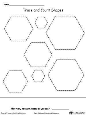 Hexagon shapes tracing and count printable worksheet.