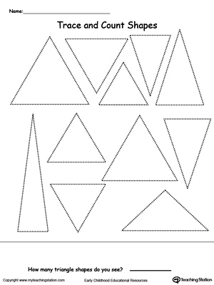 Triangle shapes tracing and count printable worksheet.