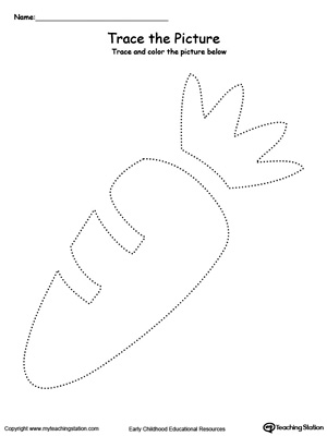 Practice fine motor skills with this carrot picture tracing printable worksheet.
