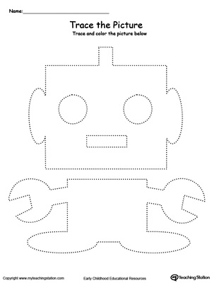 Practice fine motor skills with this robot picture tracing printable worksheet.