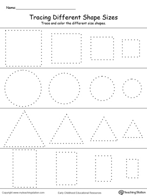 Practice drawing, tracing and coloring square, circle, triangle and rectangle shapes in this math printable worksheet.