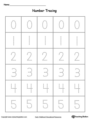 Learn to write and identify numbers by practicing tracing numbers 0 through 5 in this printable worksheet.
