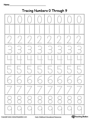 Learn to write and identify numbers by practicing tracing numbers 0 through 9 in this printable worksheet.