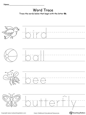 Trace Words That Begin With Letter Sound: B. Preschool learning letter sounds printable activity worksheets.