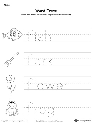 Trace Words That Begin With Letter Sound: F. Preschool learning letter sounds printable activity worksheets.