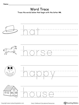 Trace Words That Begin With Letter Sound: H. Preschool learning letter sounds printable activity worksheets.