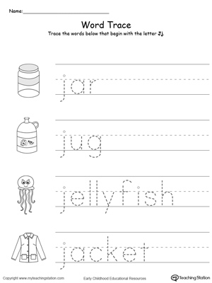Trace Words That Begin With Letter Sound: J. Preschool learning letter sounds printable activity worksheets.