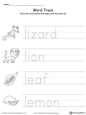 Trace Words That Begin With Letter Sound: L. Preschool learning letter sounds printable activity worksheets.