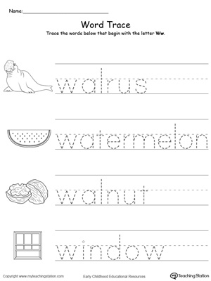 Trace Words That Begin With Letter Sound: W. Preschool learning letter sounds printable activity worksheets.
