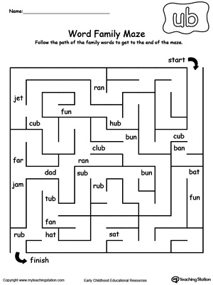 Practice thinking skills and word patterns with this UB Word Family maze printable worksheet.