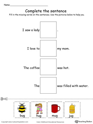 Identify the words and complete the UG Word Family sentence in this printable worksheet in color.