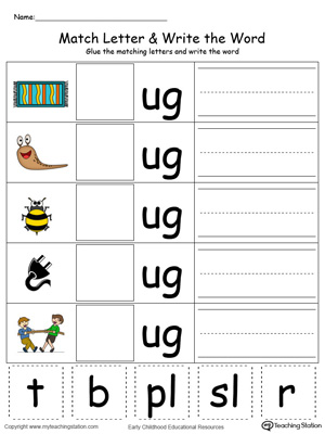 Place the missing letter in this beginning sound UG Word Family printable worksheet in color.