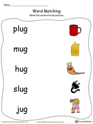 UG Word Family Picture and Word Match in Color. Identifying words ending in  –UG by matching the words with each picture.