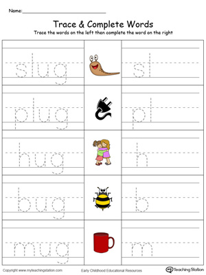Trace then write the words themselves in this UG Word Family Trace and Write in Color printable worksheet.
