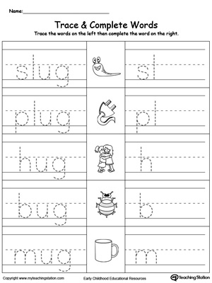 Trace then write the words themselves in this UG Word Family Trace and Write printable worksheet.