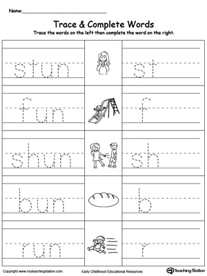 Trace then write the words themselves in this UN Word Family Trace and Write printable worksheet.