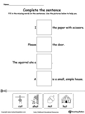 Complete the UT Word Family sentence in this printable worksheet.