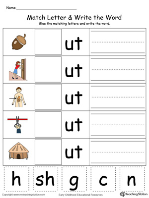 Place the missing letter in this beginning sound UT Word Family printable worksheet in color.