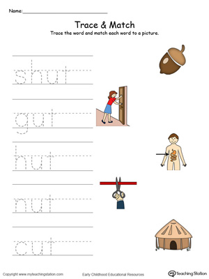 Match word with pictures in this UT Word Family printable worksheet in color.