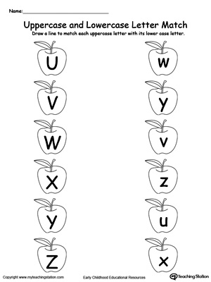 Match uppercase and lowercase letters U through Z while in this english literacy printable worksheet. See more worksheets.