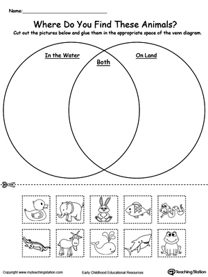Venn diagram kindergarten worksheet to help children idenitfy animals who live in water, land or both.