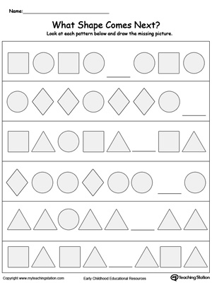 Learn to recognize and complete patterns in this What Shape Comes Next? printable worksheet.