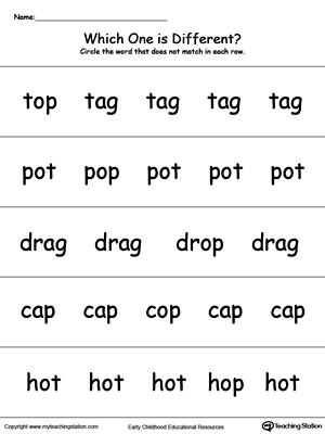 Identify which word is different in this OP Word Family printable worksheet.
