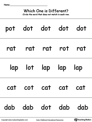 Identify which word is different in this OT Word Family printable worksheet.