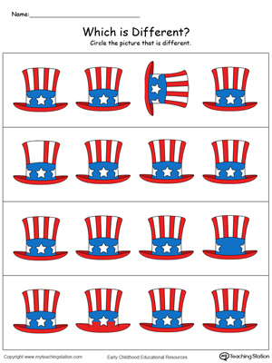 Practice identifying which hat is different in this patriotic math printable worksheet in color.