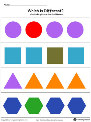 Sorting shapes worksheet. Identify which shape is different in this preschool math worksheet in color.