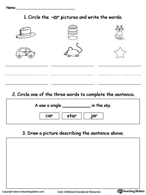 Circle pictures, trace words and draw in this AR Word Family printable worksheet.