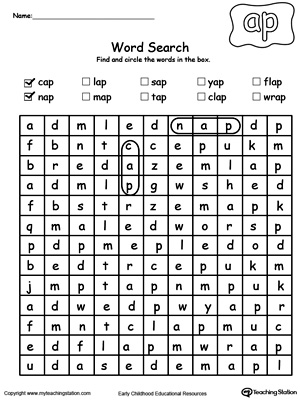 Practice thinking skills and spelling with an easy  AP Word Family pattern in this Word search puzzle printable worksheet.