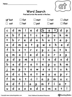 Practice thinking skills and spelling with AT Word Family Word search puzzle in this printable worksheet.