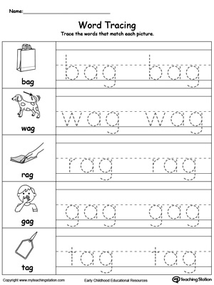 Practice tracing and writing short words with this AG Word Family printable worksheet.