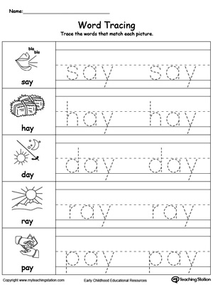 Practice tracing and writing short words with this AY Word Family printable worksheet.