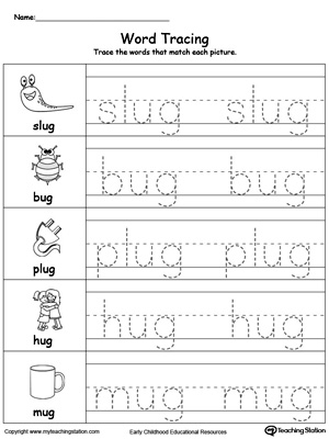 Practice tracing and writing short words with this UG Word Family printable worksheet.