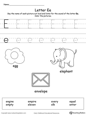 Preschool learning letter sounds printable activity worksheets. Encourage your child to learn letter sounds by practicing saying the name of the picture and tracing the uppercase and lowercase letter E in this printable worksheet.
