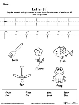 Preschool learning letter sounds printable activity worksheets. Encourage your child to learn letter sounds by practicing saying the name of the picture and tracing the uppercase and lowercase letter F in this printable worksheet.
