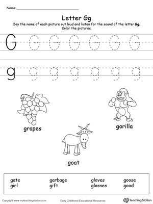 Preschool learning letter sounds printable activity worksheets. Encourage your child to learn letter sounds by practicing saying the name of the picture and tracing the uppercase and lowercase letter G in this printable worksheet.