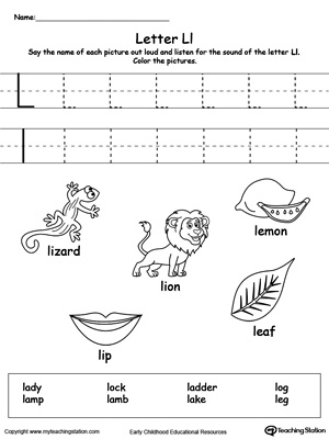 Preschool learning letter sounds printable activity worksheets. Encourage your child to learn letter sounds by practicing saying the name of the picture and tracing the uppercase and lowercase letter L in this printable worksheet.