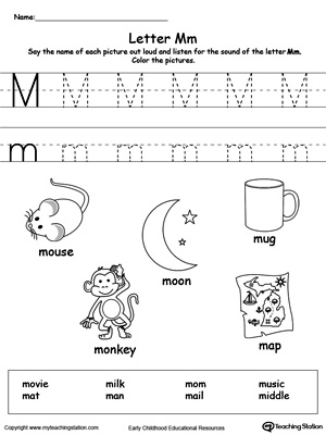 Preschool learning letter sounds printable activity worksheets. Encourage your child to learn letter sounds by practicing saying the name of the picture and tracing the uppercase and lowercase letter M in this printable worksheet.