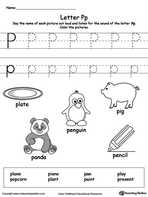 Preschool learning letter sounds printable activity worksheets. Encourage your child to learn letter sounds by practicing saying the name of the picture and tracing the uppercase and lowercase letter P in this printable worksheet.