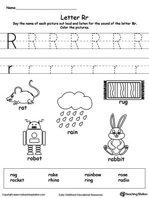 Preschool learning letter sounds printable activity worksheets. Encourage your child to learn letter sounds by practicing saying the name of the picture and tracing the uppercase and lowercase letter R in this printable worksheet.