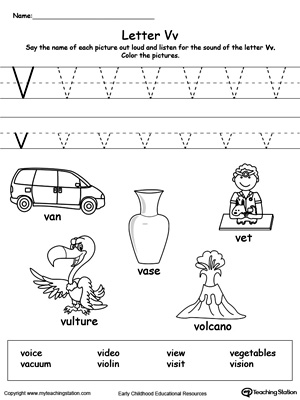 Preschool learning letter sounds printable activity worksheets. Encourage your child to learn letter sounds by practicing saying the name of the picture and tracing the uppercase and lowercase letter V in this printable worksheet.
